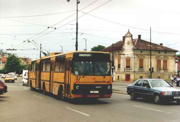 Ehemaliger Eberswalder Gelenkobus Nr. 06(III) vom ungarischen Typ Ikarus 280.93 in
Timisoara/Rumänien mit der Wagen-Nr. 17 am 20.06.2002